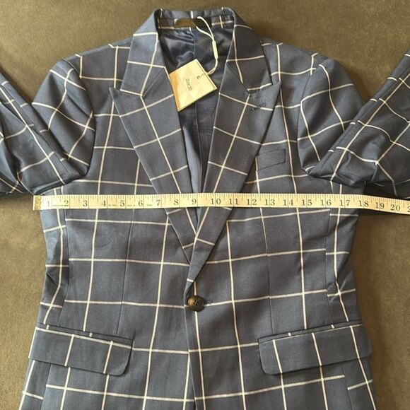 Men’s Blue Check Plaid 3 Piece Suit One Button Peak Lapel 30 Jacket 29 Pants NEW - Picture 8 of 16